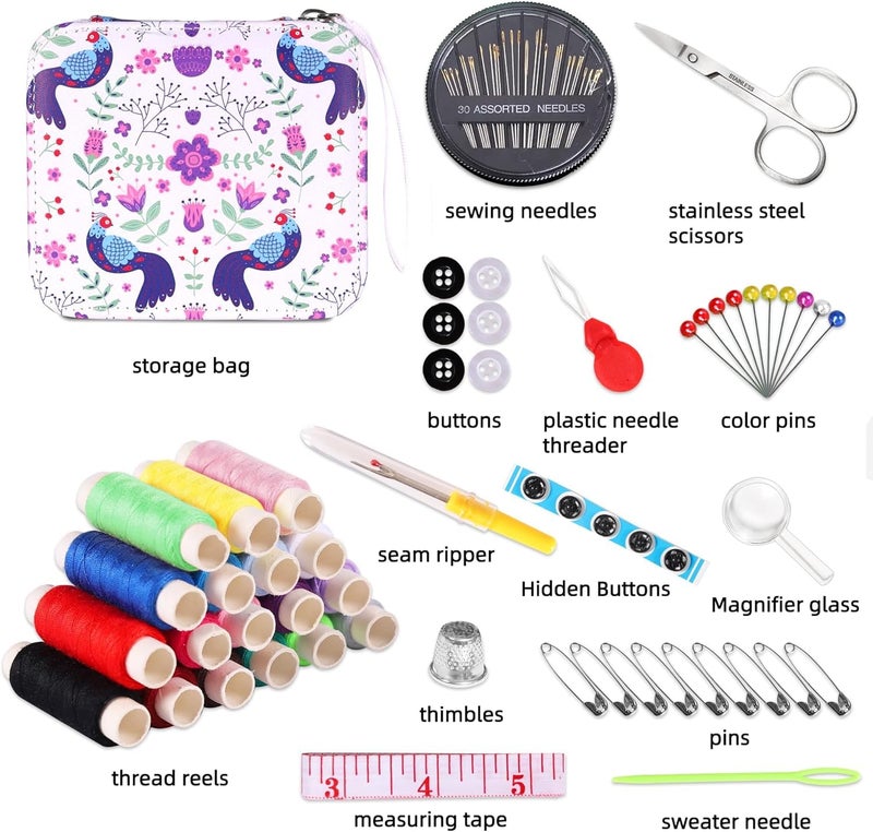 RIANZ Sewing Kits for Adults, Portable Sewing Kit, Thread and Needle Set with PU Leather Case with Handle for Hand, Home, Travel and Emergency, Compact, Small, Basic Sewing Kits (White - Peacock Print) - Image 5