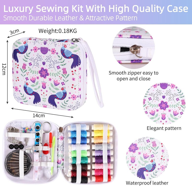 RIANZ Sewing Kits for Adults, Portable Sewing Kit, Thread and Needle Set with PU Leather Case with Handle for Hand, Home, Travel and Emergency, Compact, Small, Basic Sewing Kits (White - Peacock Print) - Image 2