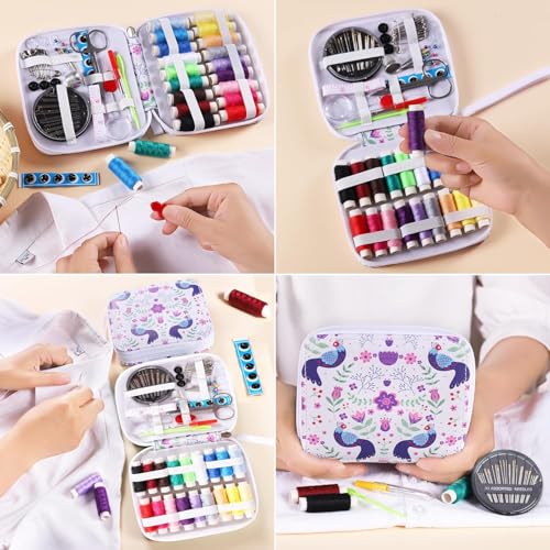 RIANZ Sewing Kits for Adults, Portable Sewing Kit, Thread and Needle Set with PU Leather Case with Handle for Hand, Home, Travel and Emergency, Compact, Small, Basic Sewing Kits (White - Peacock Print) - Image 3