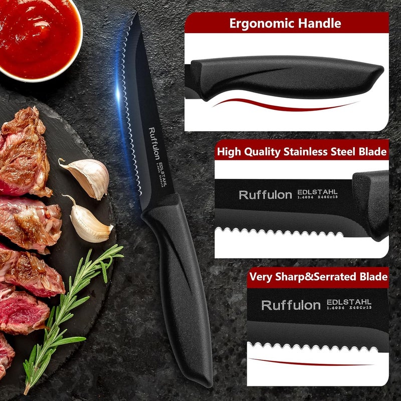 Ruffulon Steak Knives,Steak Knife Set of 4,Serrated Edge Stainless Steel Steak Knives,Sharp Dinner Knives With Ergonomic Handle,Kitchen Knife Set For Home, Restaurant,Dishwasher Safe,Rust-Proof - Image 2