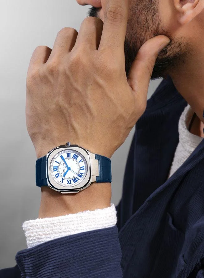 CERRUTI 1881 Leadri Men's 42mm Analog Watch with Croco Blue Premium Leather Strap, White Enamel Dial
