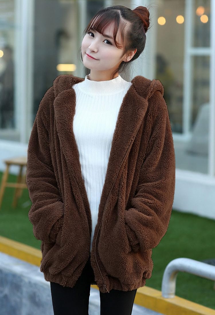 acdiac Casual Fluffy Kawaii Bear Hoodie with Ears Tail Top for Women, Cute Winter Warm Animal Zip Up Jacket Sweet Sweater Coat for Home/Shopping/Party Clothing, Brown Bear, One Size - Image 3