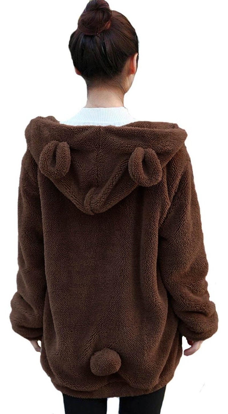 acdiac Casual Fluffy Kawaii Bear Hoodie with Ears Tail Top for Women, Cute Winter Warm Animal Zip Up Jacket Sweet Sweater Coat for Home/Shopping/Party Clothing, Brown Bear, One Size - Image 1