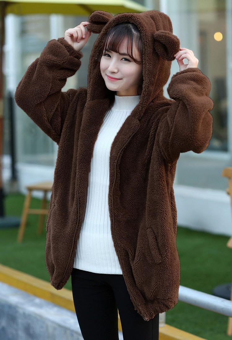 acdiac Casual Fluffy Kawaii Bear Hoodie with Ears Tail Top for Women, Cute Winter Warm Animal Zip Up Jacket Sweet Sweater Coat for Home/Shopping/Party Clothing, Brown Bear, One Size - Image 5