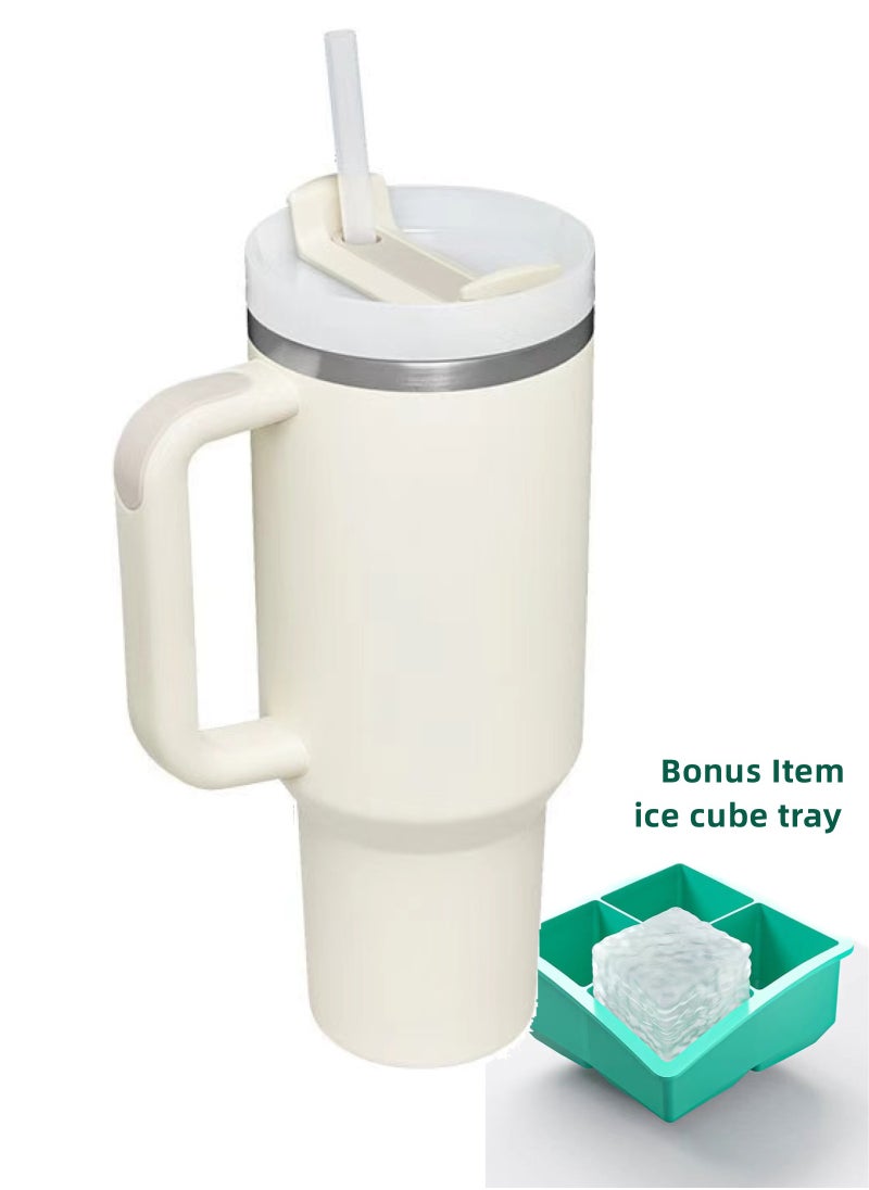Generic - 40 oz Tumbler with Handle and Straw Lid | Leakproof | Insulated Cup Reusable Premium Stainless Steel Water Bottle | Cupholder Friendly | Gifts for Women&Men (White) - Image 1