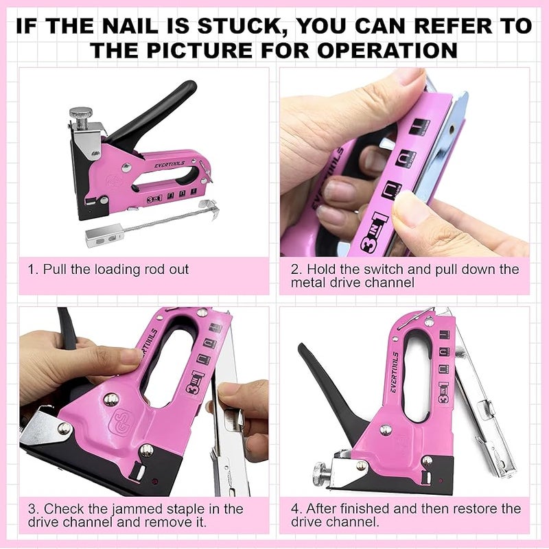 Evertools 3 in 1 Pink Staple Guns Heavy Duty staplers with 600 Pieces Nail Gun for Cable, Fabric, Wall, Material Repair, DIY Manual Stapler - Image 5