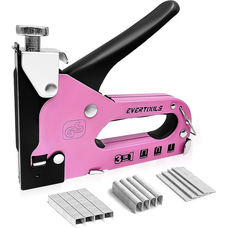 Evertools 3 in 1 Pink Staple Guns Heavy Duty staplers with 600 Pieces Nail Gun for Cable, Fabric, Wall, Material Repair, DIY Manual Stapler - Image 1