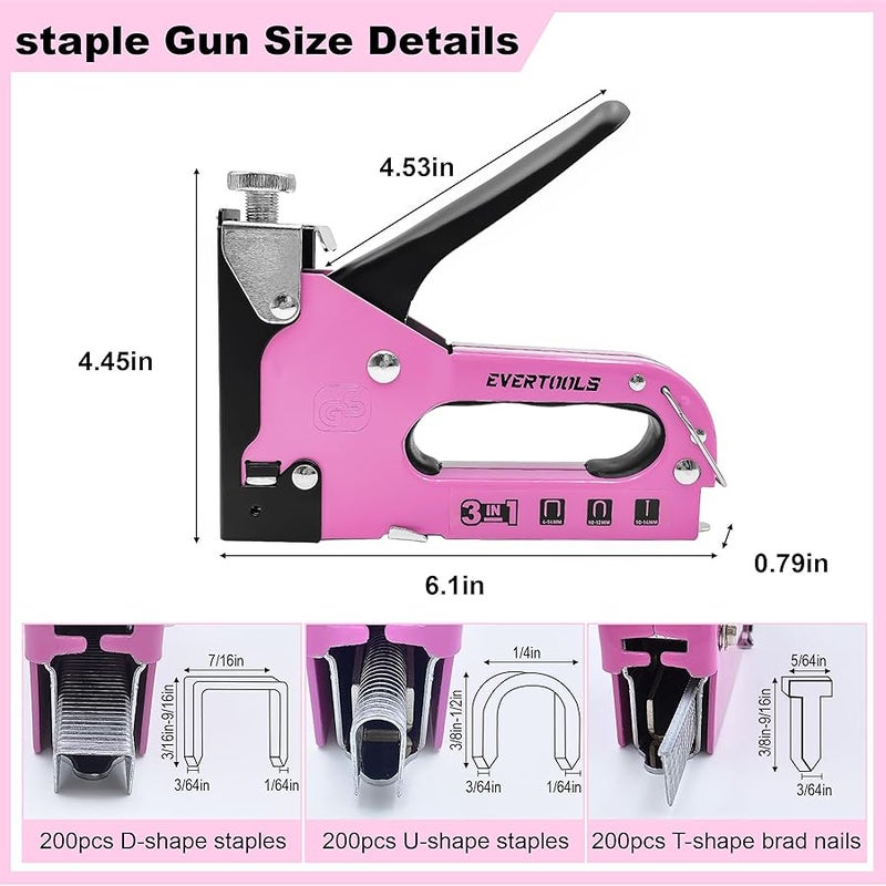 Evertools 3 in 1 Pink Staple Guns Heavy Duty staplers with 600 Pieces Nail Gun for Cable, Fabric, Wall, Material Repair, DIY Manual Stapler - Image 2