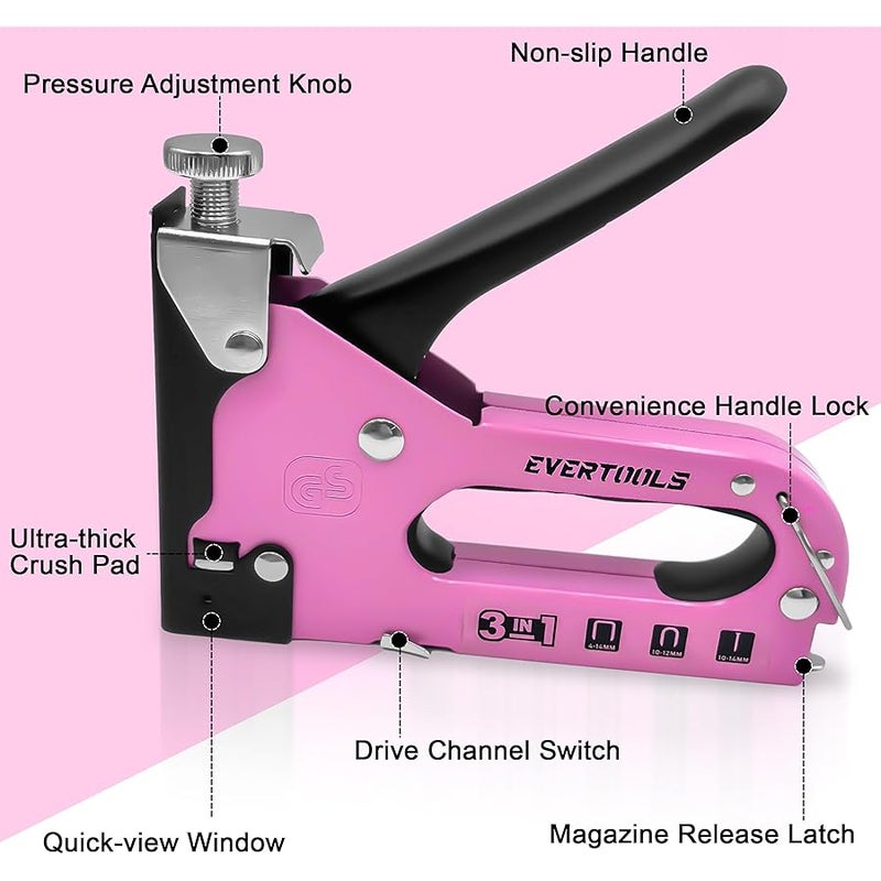 Evertools 3 in 1 Pink Staple Guns Heavy Duty staplers with 600 Pieces Nail Gun for Cable, Fabric, Wall, Material Repair, DIY Manual Stapler - Image 3