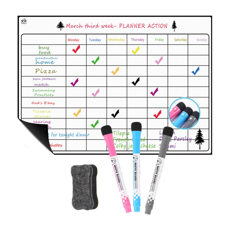 Magnetic Dry Erase Calendar Whiteboard Fridge Magnet Flexible Daily Message Stickers with 3 Board Pen 1 Eraser for Weekly Monthly Organizer Schedule Planner To Do List Notepad Wall Set A3 16.5*11.8in - Image 1