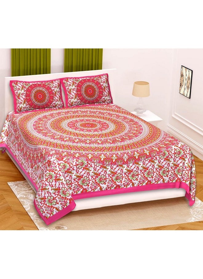راجاستانكارت - RajasthaniKart® Comfort Rajasthani Jaipuri التقليدي طباعة Sanganeri 144 TC 100% قطن ملاءة سرير مزدوجة مع 2 غطاء وسادة (مزدوج، وردي) - Image 1