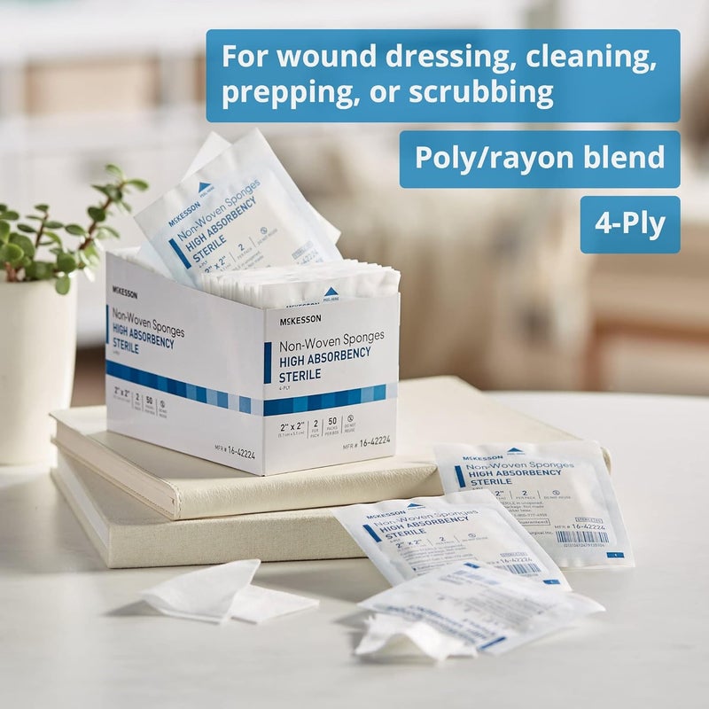 McKesson إسفنجات مكيسون غير المنسوجة المعقمة 4 طبقات عالية الامتصاص بوليستر-رايون 2 × 2 بوصة 100 قطعة - Image 2