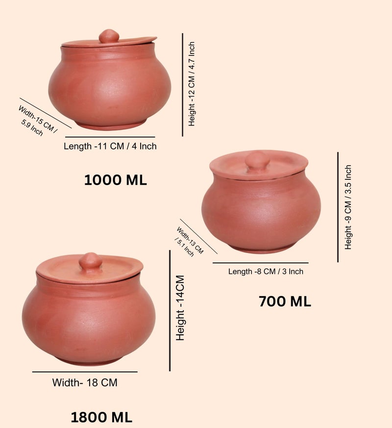 Terra Charms وعاء طهي وتقديم من الطين من تيرا تشارمز، وعاء هاندي للطهي، آمن، وعاء داهي، لون بني 1800 مل، 1000 مل مع مجموعة كومبو من وعاء ماثاني 700 مل (عبوة من 3)  - Image 3