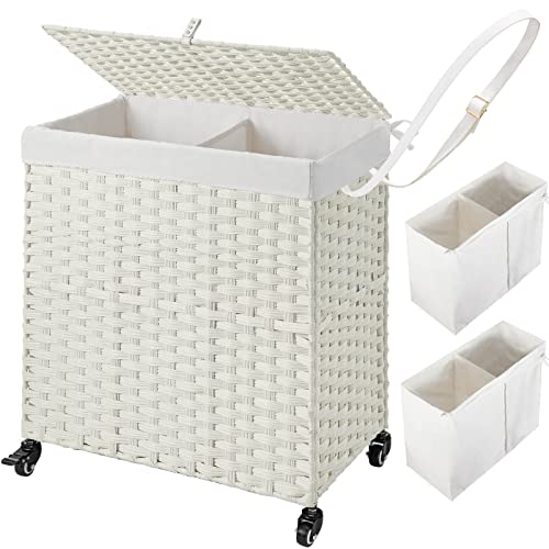 Greenstell Greenstell Laundry Hamper with Wheels No Install Needed 110L Divided Handwoven Hampers  2 Removable Liner Bags Rattan Clothes Laundry Basket with Lid  Handles Foldable Hampers White 