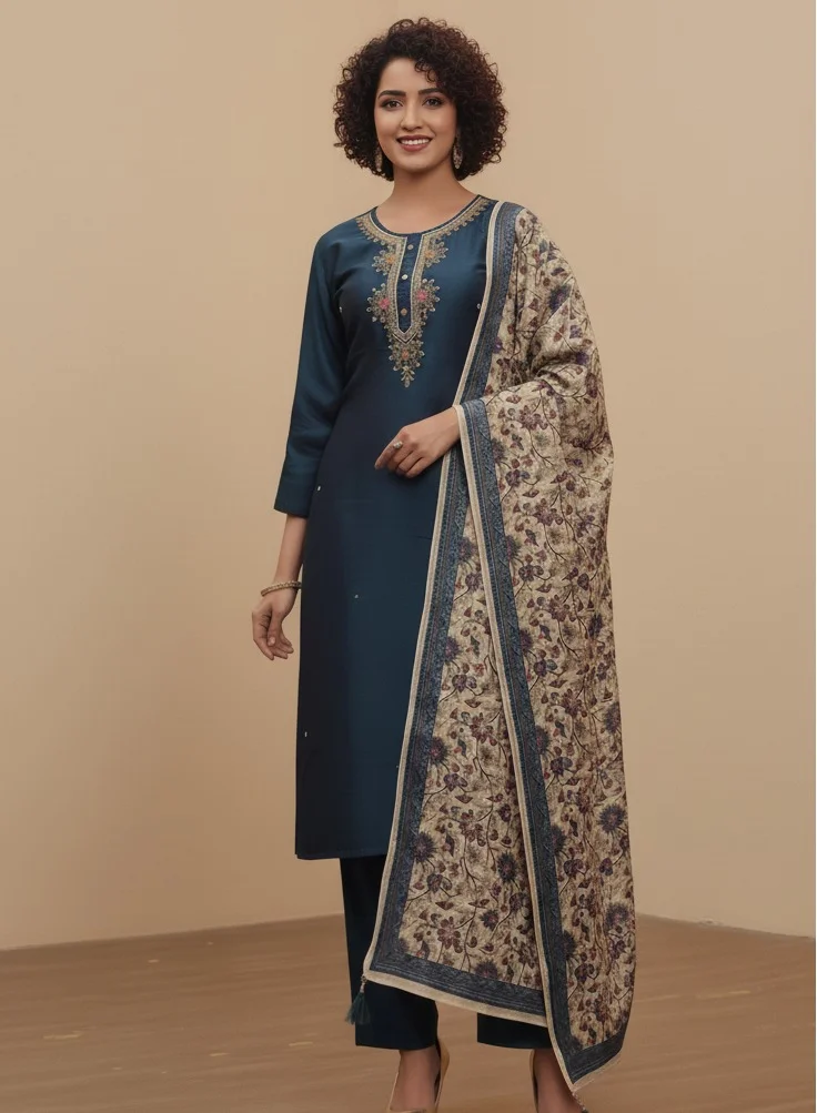 Deep Teal Raw Silk Kurta Set with Floral Embroidery
