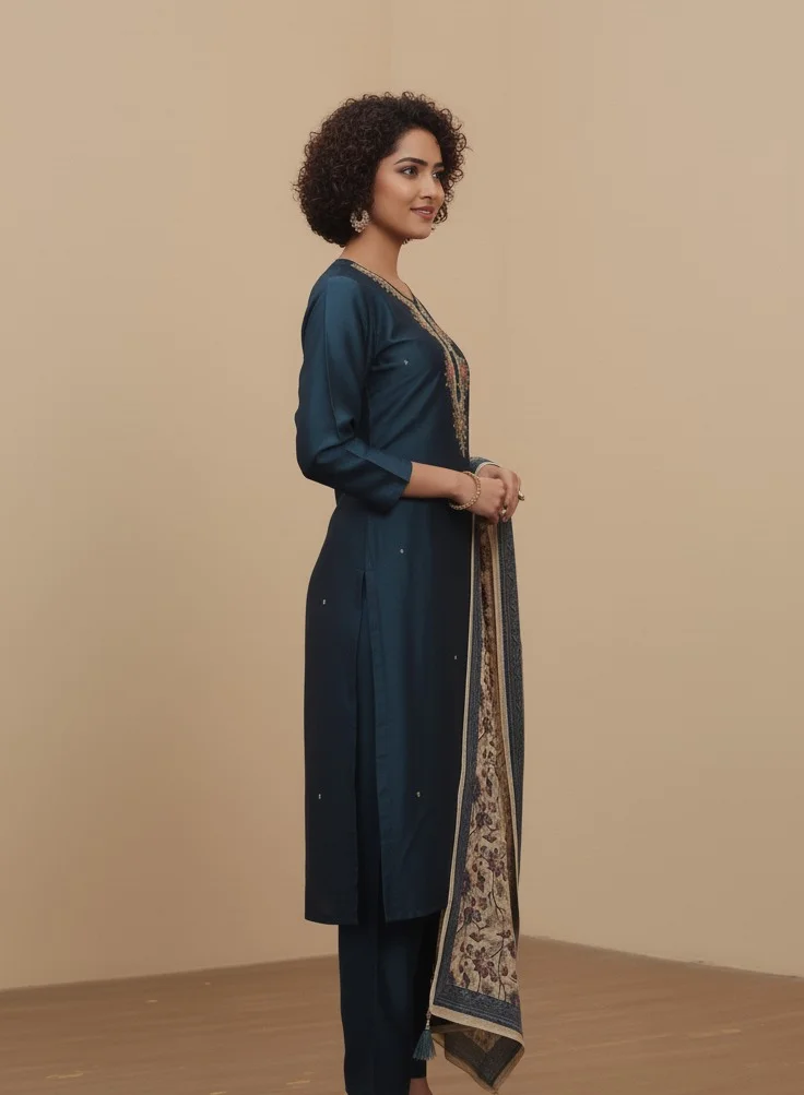 Lehar Deep Teal Raw Silk Kurta Set with Floral Embroidery