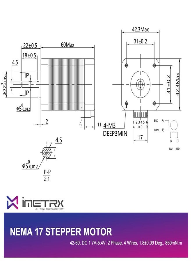 iMetrx Nema 17 Stepper Motor 42x60mm 2.1A 2 Phase 4 Wires 1.8 Degrees with 1Meter Cable for 3D Printer Motors - Image 2