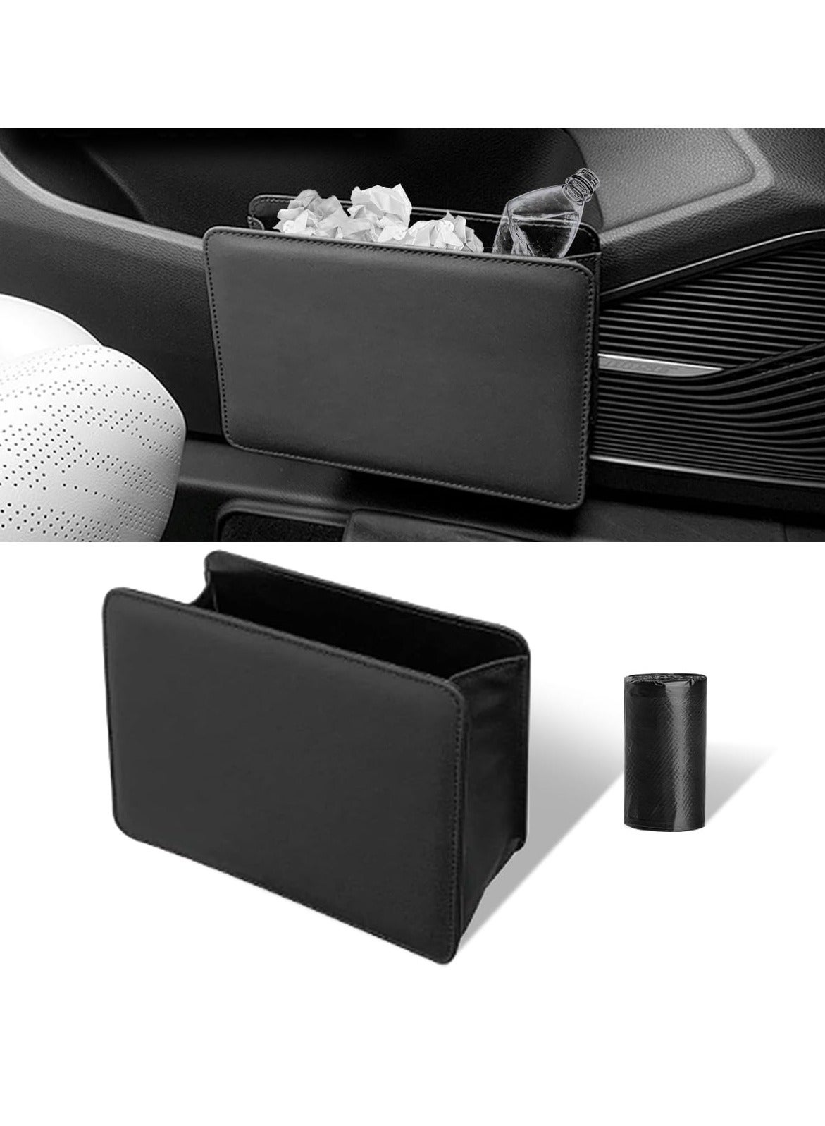 Car Trash Can, Auto Leather Trash Bin Garbage Organizer Holder with One Roll Trash Bag, Mini Foldable Dustbin Storage Bag Container, Multi-Function Trash Box for Car SUV (Black)