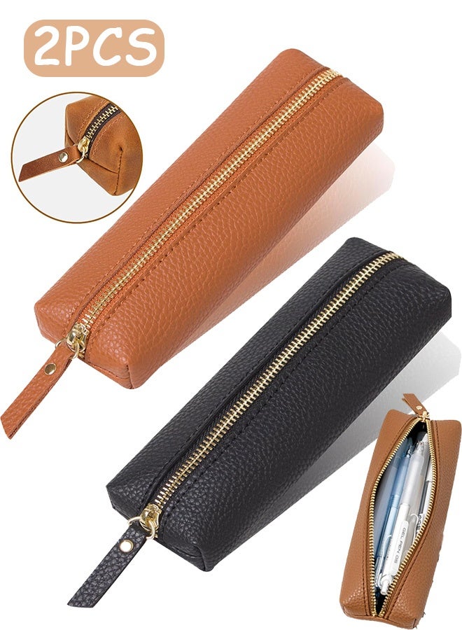 إم إكس إن 2 PCS PU Pen الحقيبة، حقيبة قلم رصاص من جلد القلم مع السحاب، حقيبة جلدية خمر أصلي للقرطاسية منظم حقيبة للعمل والسفر - Image 1