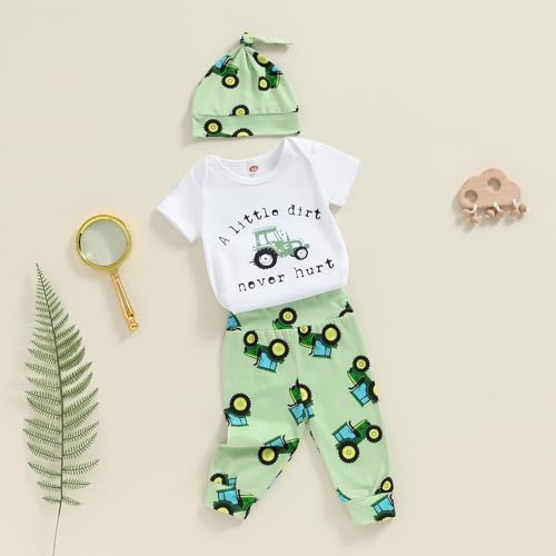 SAYOO Newborn Baby Boy Tractor Clothes Cotton Funny Letter Bodysuit+Truck Leggings Hat Farm Baby Shower Coming Home Outfit (Green, newborn) - Image 2