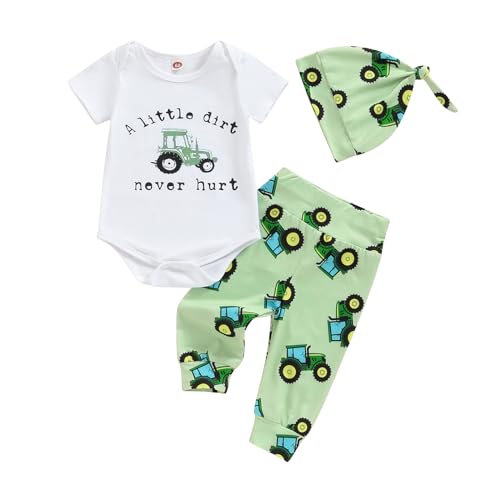 SAYOO Newborn Baby Boy Tractor Clothes Cotton Funny Letter Bodysuit+Truck Leggings Hat Farm Baby Shower Coming Home Outfit (Green, newborn) - Image 1