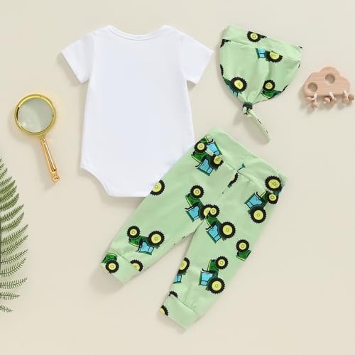 SAYOO Newborn Baby Boy Tractor Clothes Cotton Funny Letter Bodysuit+Truck Leggings Hat Farm Baby Shower Coming Home Outfit (Green, newborn) - Image 3