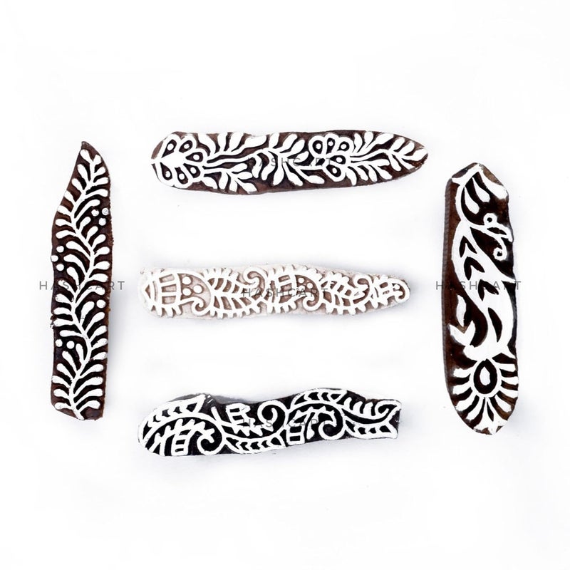 TWOGRAMS Border Shaped Wood Block Print Stamps - Wooden Blocks for Block Printing - Artistic Shapes Kids Craft Henna Fabric Saree Border Card Making | Set of 5 | - Image 1