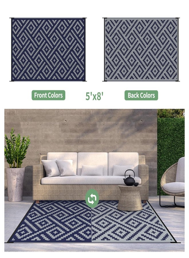 GENIMO Outdoor Rug for Patio Clearance, 5'x8' Waterproof Camping Mat, Reversible Plastic Straw Rugs for RV, Camper, Balcony, Backyard, Picnic, Deck (Blue & Grey) - Image 4