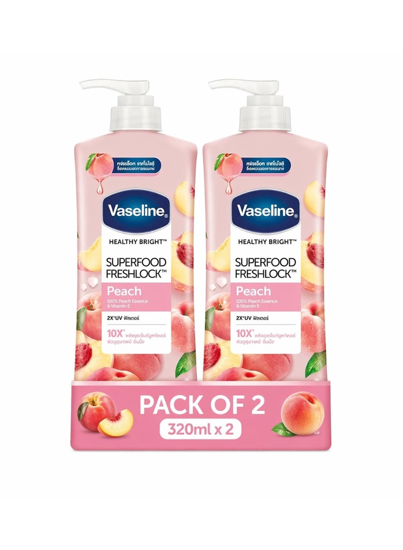 فازلين لوشن الجسم فازلين هيلثي برايت سوبرفود فريشلوك برائحة الخوخ، عبوة من قطعتين، 320 مل - غني بخلاصة الخوخ وفيتامين هـ، مرطب ومفتح للبشرة، حماية مضاعفة من الأشعة فوق البنفسجية، تركيبة خفيفة الوزن وغير دهنية، عناية يومية بالبشرة لبشرة ناعمة وملساء ومشرقة - Image 1