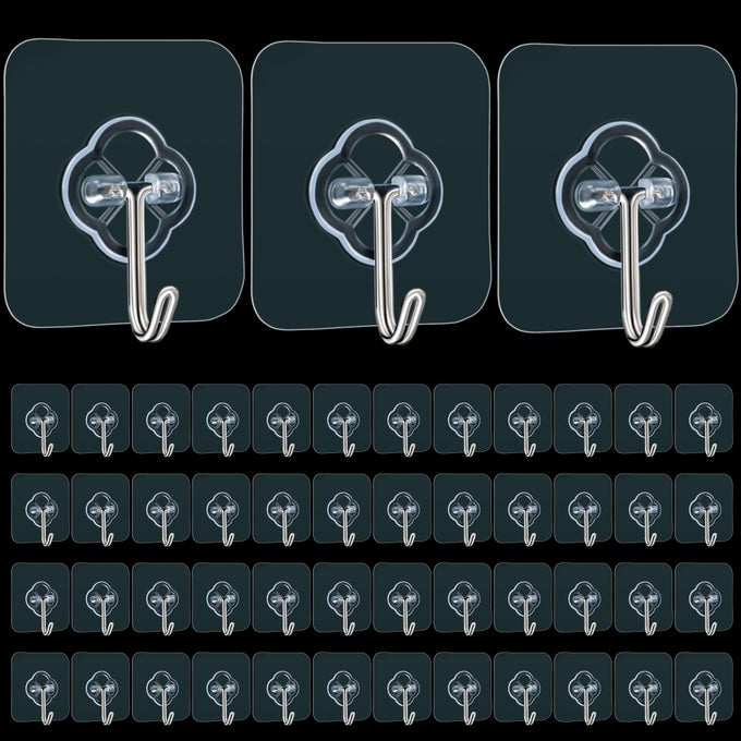 ADHESIVE WALL HOOKS FOR HANGING 50 PACK HEAVY DUTY STAINLESS SELF STICKY HOOKS WATERPROOF AND RUSTPROOF CLEAR SELF ADHESIVE UTILITY HOOKS FOR BATHROOM KITCHEN OFFICE OUTDOOR INSIDE WARDROBE TOWEL