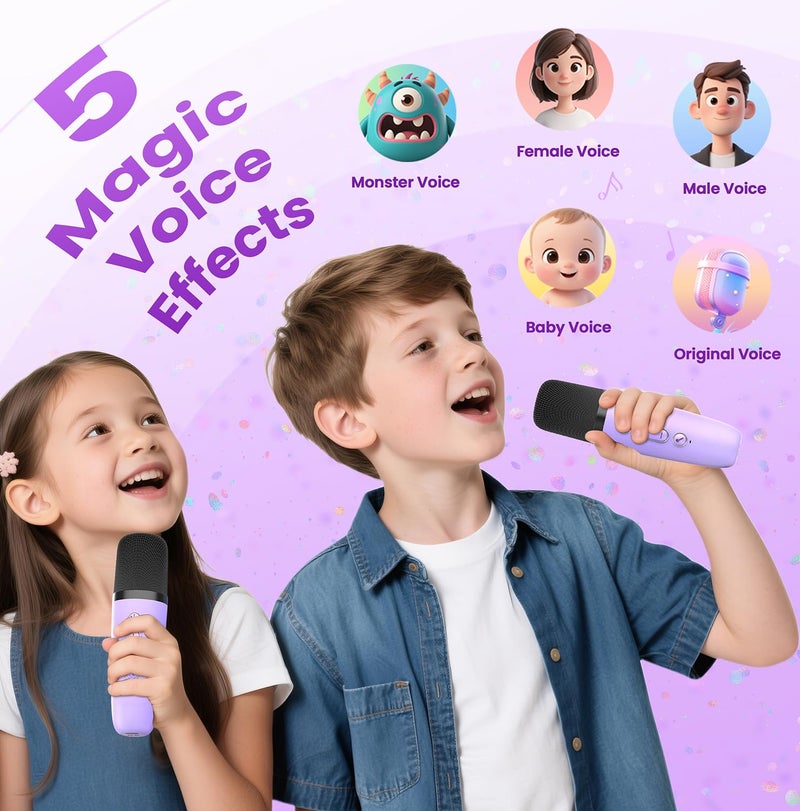 Peski Mini Karaoke Machine for Kids Adults, 2026 TOP Birthday Gifts for Girls Boys 3,4,5,6,7,8+Year Old Toddler Toys, Portable Bluetooth Speaker with 2 Wireless Karaoke Microphones Player (Purple) - Image 3