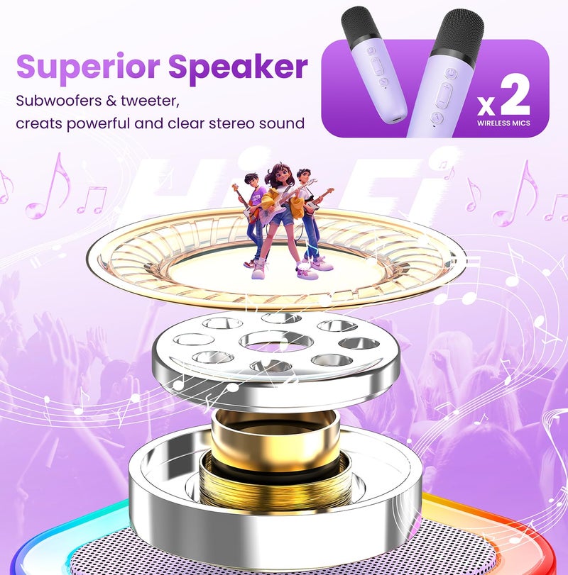 Peski Mini Karaoke Machine for Kids Adults, 2026 TOP Birthday Gifts for Girls Boys 3,4,5,6,7,8+Year Old Toddler Toys, Portable Bluetooth Speaker with 2 Wireless Karaoke Microphones Player (Purple) - Image 2