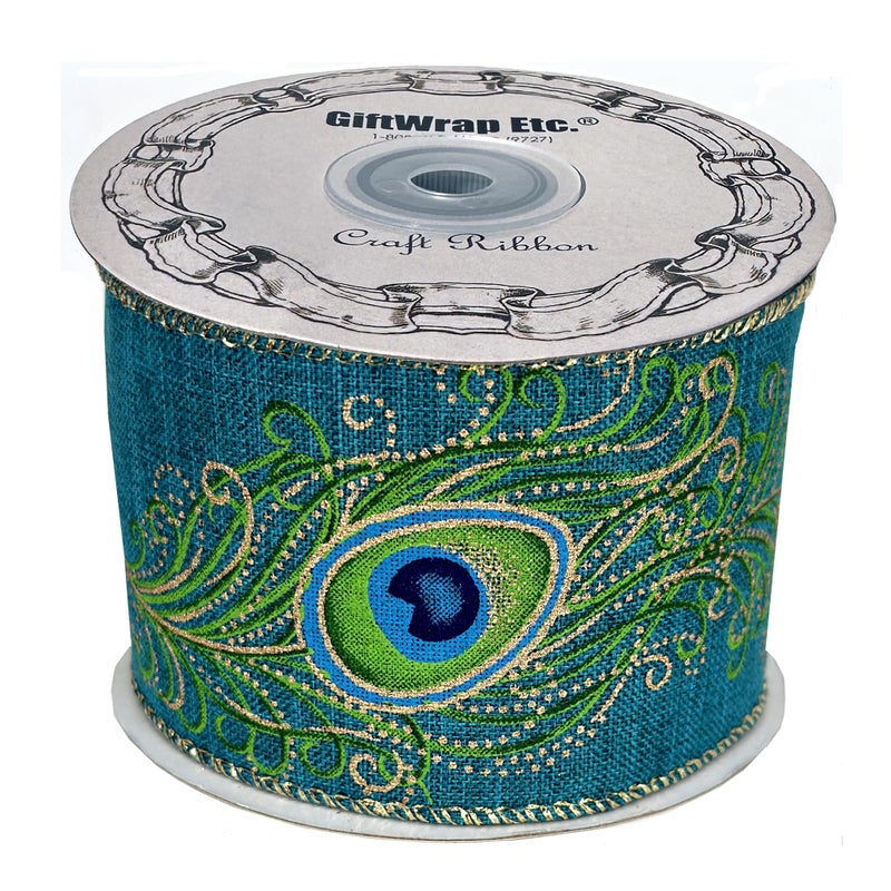 GiftWrap Etc. Peacock Print Fall Wired Ribbon  2 12 inch x 10 Yards Blue Green Gold Feathers Wedding DIY Wreath Swag Garland Thanksgiving Christmas Decor Mardi Gras Easter