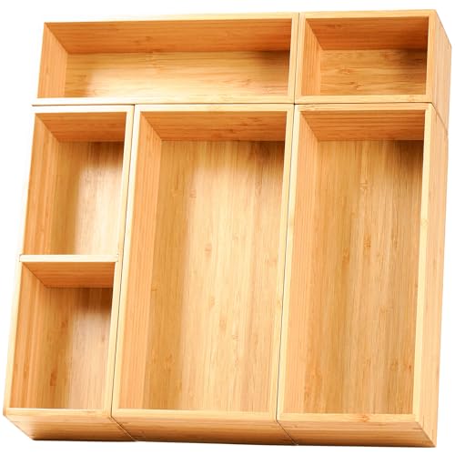 Umilife Drawer Organizer Storage Boxes, 2.5" High Bamboo Drawer Dividers, 5 Rearrangeable Bins for Kitchen, Office Desktop, Clothing, Makeup, vanity, Jewelry - Image 1