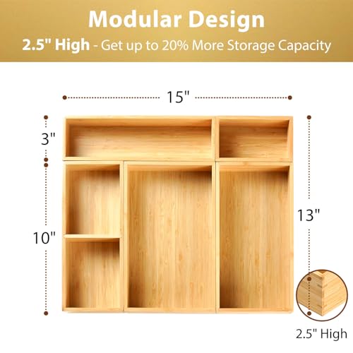 Umilife Drawer Organizer Storage Boxes, 2.5" High Bamboo Drawer Dividers, 5 Rearrangeable Bins for Kitchen, Office Desktop, Clothing, Makeup, vanity, Jewelry - Image 2