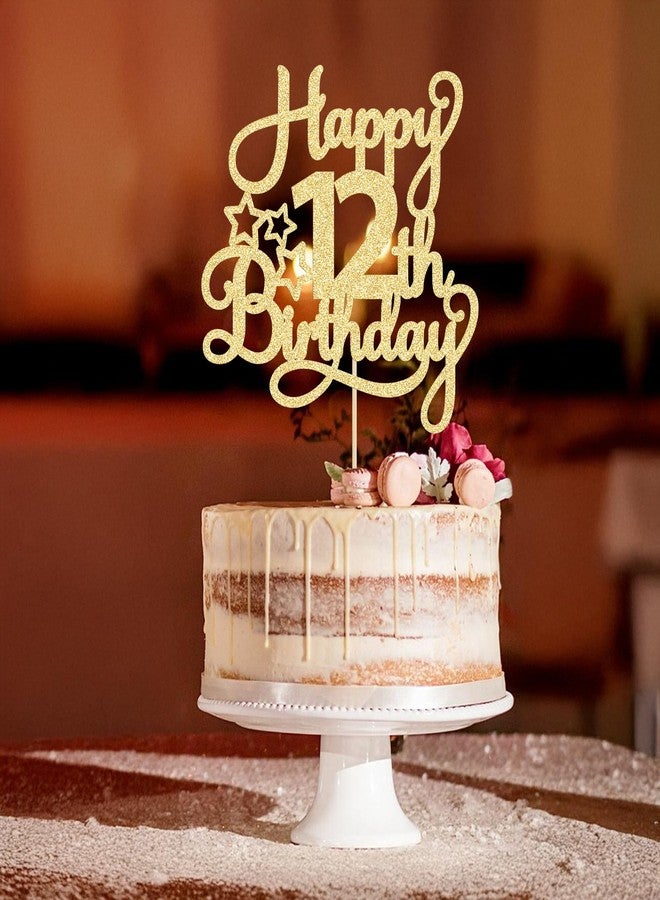 Ephlyn 1 Pack Happy 12th Birthday Cake Topper Glitter Heart Star 12 Fabulous Cake Pick Birthday Sign Cake Decorations for Children 12th Birthday Theme Party Supplies Gold - Image 5