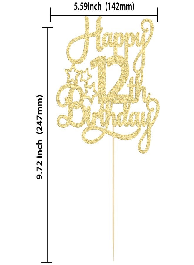 Ephlyn 1 Pack Happy 12th Birthday Cake Topper Glitter Heart Star 12 Fabulous Cake Pick Birthday Sign Cake Decorations for Children 12th Birthday Theme Party Supplies Gold - Image 2