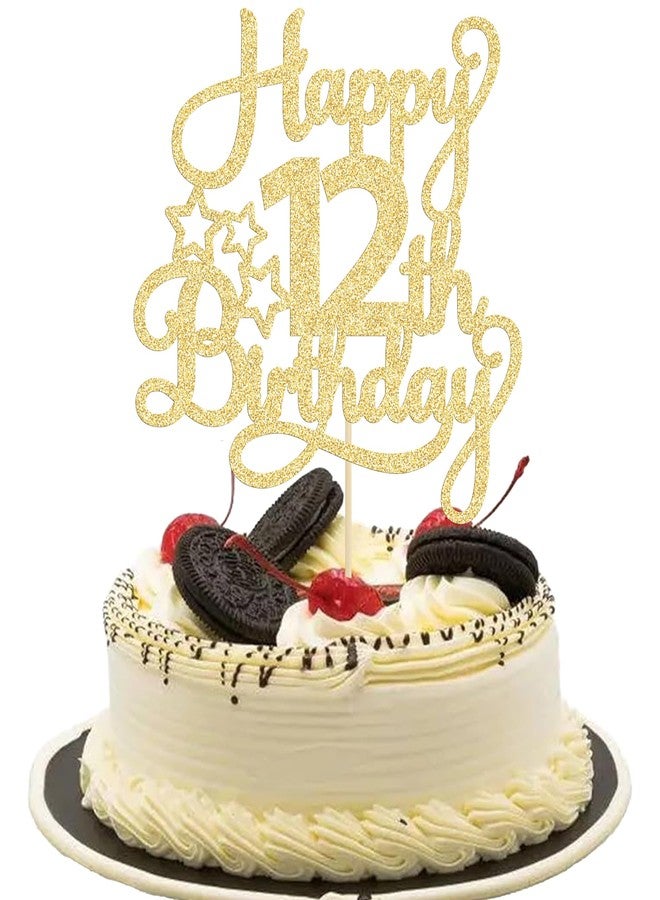 Ephlyn 1 Pack Happy 12th Birthday Cake Topper Glitter Heart Star 12 Fabulous Cake Pick Birthday Sign Cake Decorations for Children 12th Birthday Theme Party Supplies Gold - Image 1
