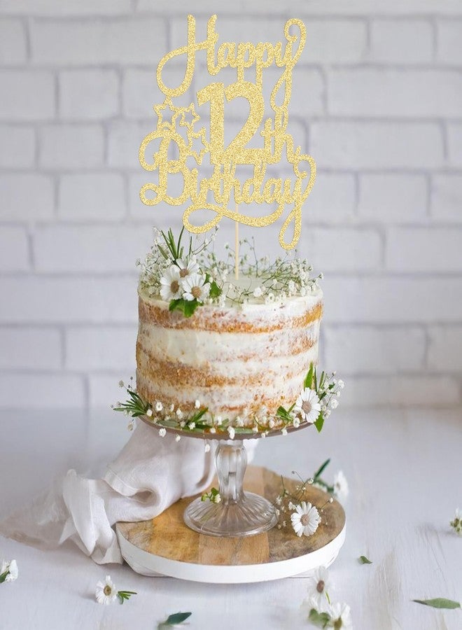 Ephlyn 1 Pack Happy 12th Birthday Cake Topper Glitter Heart Star 12 Fabulous Cake Pick Birthday Sign Cake Decorations for Children 12th Birthday Theme Party Supplies Gold - Image 4