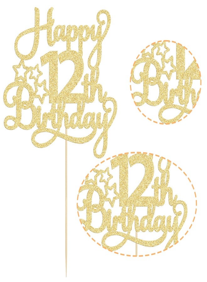 Ephlyn 1 Pack Happy 12th Birthday Cake Topper Glitter Heart Star 12 Fabulous Cake Pick Birthday Sign Cake Decorations for Children 12th Birthday Theme Party Supplies Gold - Image 3