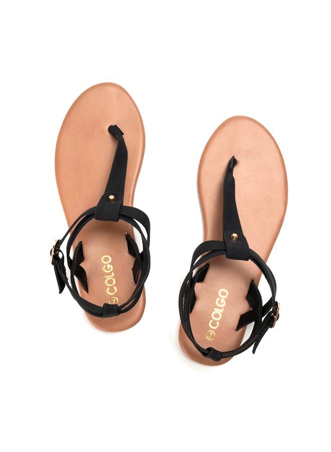 Colgo Thong Flat Sandals, Casual Women T-Strap Dress Sandals with Adjustable Ankle Buckle for Summer Wedding, Black/Sdl, 7 - Image 4