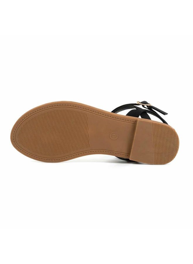 Colgo Thong Flat Sandals, Casual Women T-Strap Dress Sandals with Adjustable Ankle Buckle for Summer Wedding, Black/Sdl, 7 - Image 5