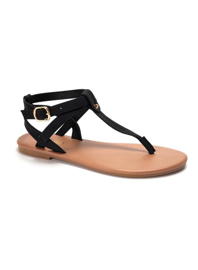 Colgo Thong Flat Sandals, Casual Women T-Strap Dress Sandals with Adjustable Ankle Buckle for Summer Wedding, Black/Sdl, 7 - Image 1