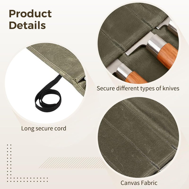 7-Pocket Canvas Chef Knife Roll, Portable Kitchen Knife Bag, 22 X 17.7 in Travel Pouch, 16.9 in Knife Storage, Army Green - Image 5