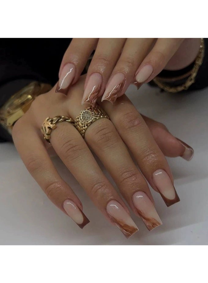 Goolsky Premium Long Press-on Nails with Brown French Ombre for Natural Elegance