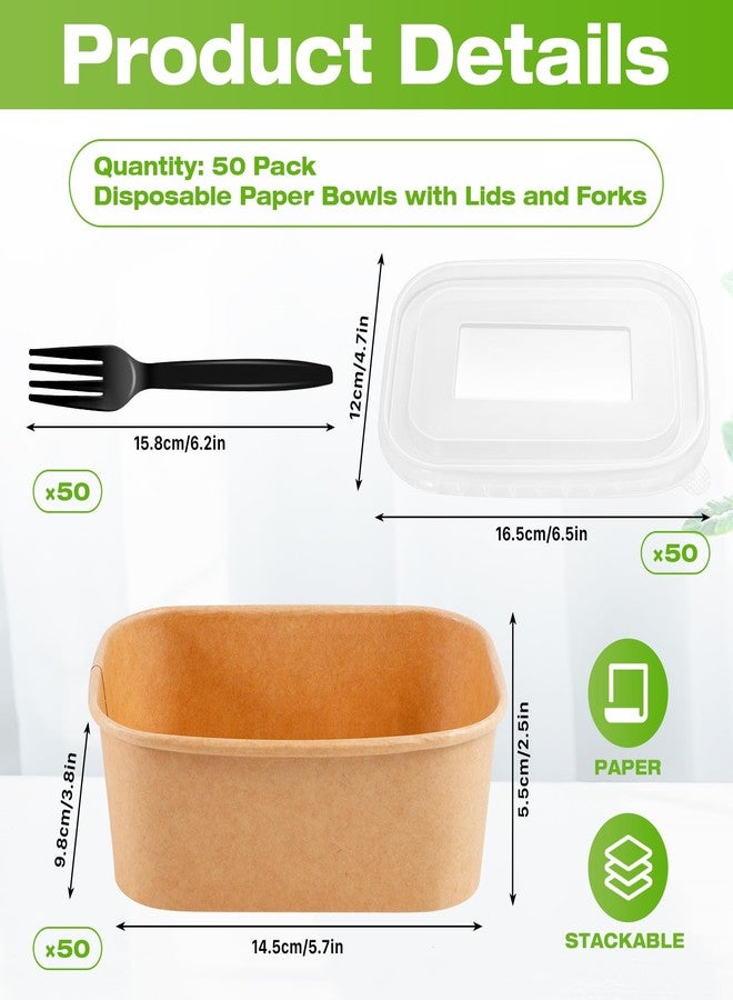 Cabaubl 50 Pack Paper Bowls with Lids, 22oz Disposable Kraft Paper Food Containers with Lids and Forks,Disposable Salad Bowls,Meal Prep Containers for Snack Takeout,Party Supplies,Picnic - Image 2