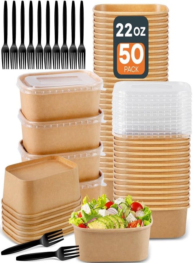 Cabaubl 50 Pack Paper Bowls with Lids, 22oz Disposable Kraft Paper Food Containers with Lids and Forks,Disposable Salad Bowls,Meal Prep Containers for Snack Takeout,Party Supplies,Picnic - Image 1