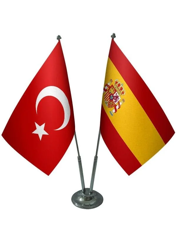 ساترنديزاين Desktop Spain Flag Turkish Flag Double Chrome Pole Table Flag Set