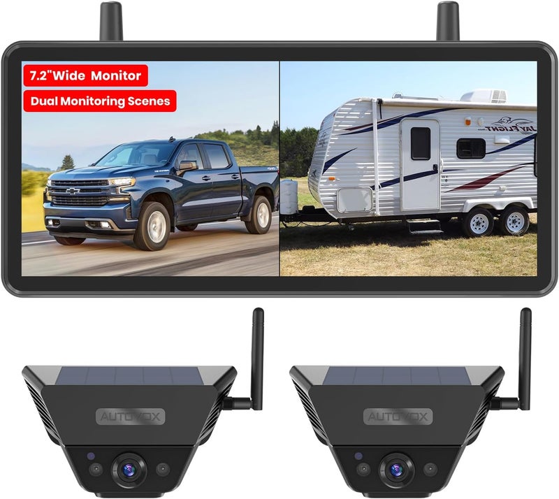 AUTO-VOX Solar Camera Wireless for RV & Trailers - 7.2" HD 1080P Monitor with Dual Camera System - Image 1