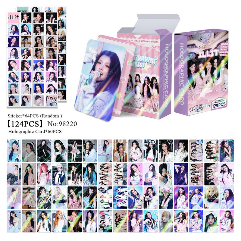 ILLIT 124PCS Holographic Cards & Star Stickers Set – 60PCS Holographic LOMO Cards + 64PCS Random Celebrity Stickers for DIY Scrapbooking, Album Decoration, Journaling, and Birthday Gift for Teens